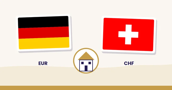 Deutsche und Schweizer Flagge mit einem Haus, Euro und Schweizer Franken Deutsche und Schweizer Flagge mit einem Haus, Euro und Schweizer Franken